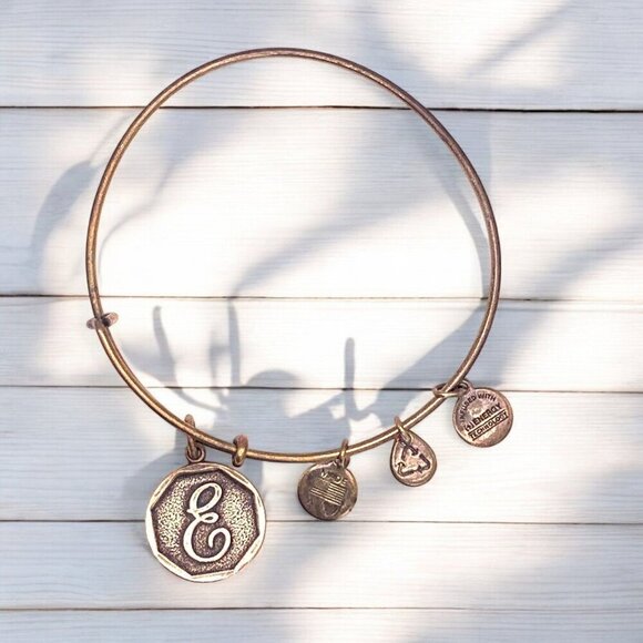 Alex & Ani Initial E Charm Bangle Bracelet Gold Finish Expandable - Picture 1 of 2